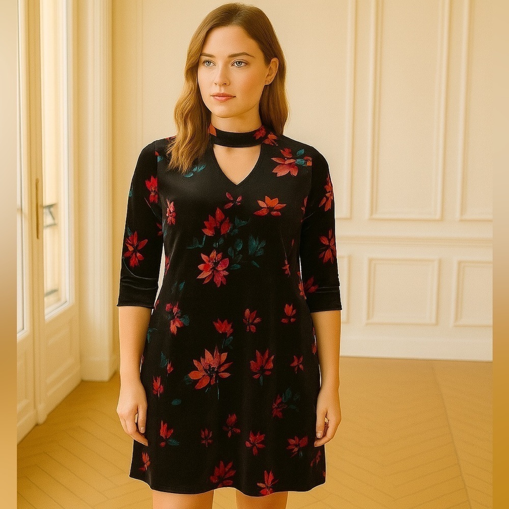 NWT  Women’s Velvet/ Velour A-Line Black Floral Knee Length Dress Sz 1X